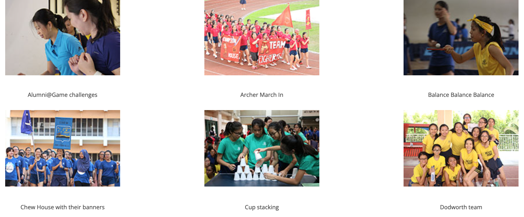 Six school event photos showing game challenges, a march-in, table tennis, team banners, cup stacking, and a group pose.